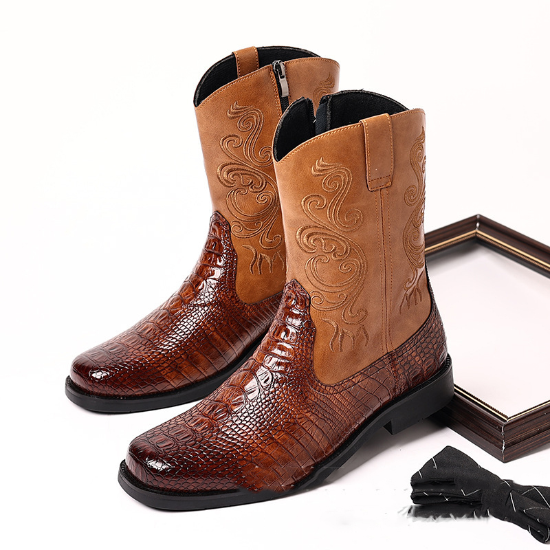 Shoes Heels Men - Erkek Timsah Desenli Deri Kovboy Botları